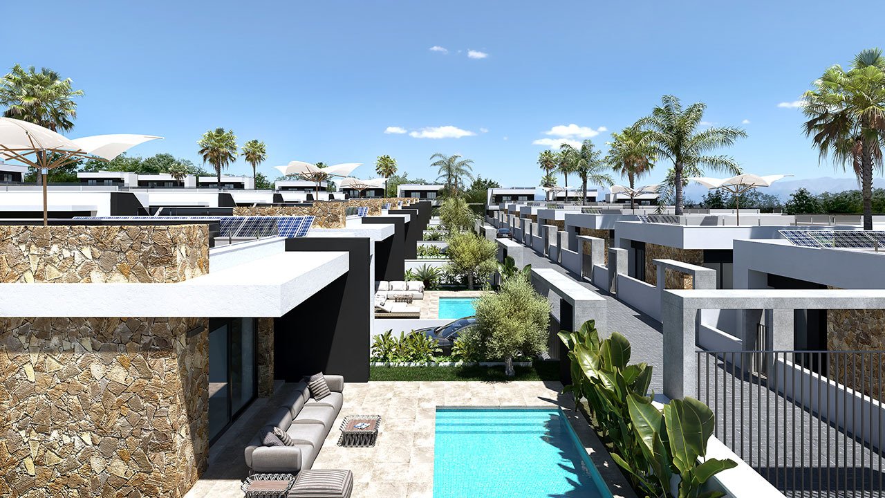 Villas de 1 sola planta con 3 dormitorios, 2 baños, solario, cocina con electrodomésticos, aire acondicionado, parking privado y piscina privada