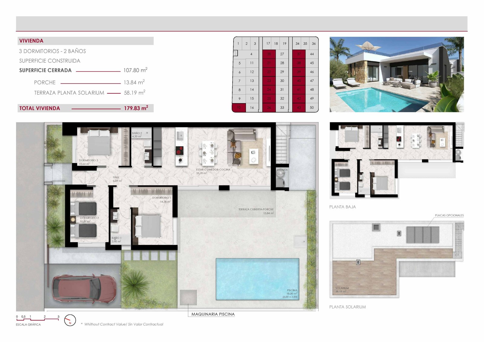 Villas de 1 sola planta con 3 dormitorios, 2 baños, solario, cocina con electrodomésticos, aire acondicionado, parking privado y piscina privada