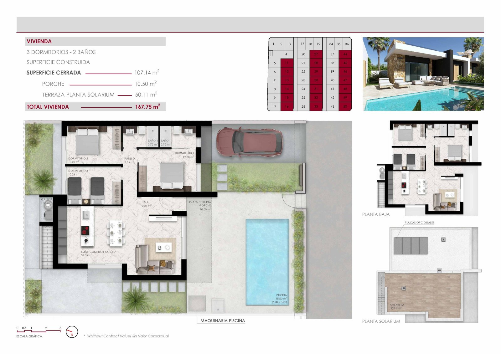 Villas de 1 sola planta con 3 dormitorios, 2 baños, solario, cocina con electrodomésticos, aire acondicionado, parking privado y piscina privada