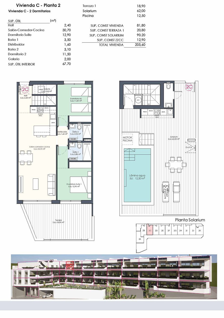 Áticos de 2 dormitorios y 2 baños con solario, aseo, piscina privada y cocina amueblada con electrodomésticos