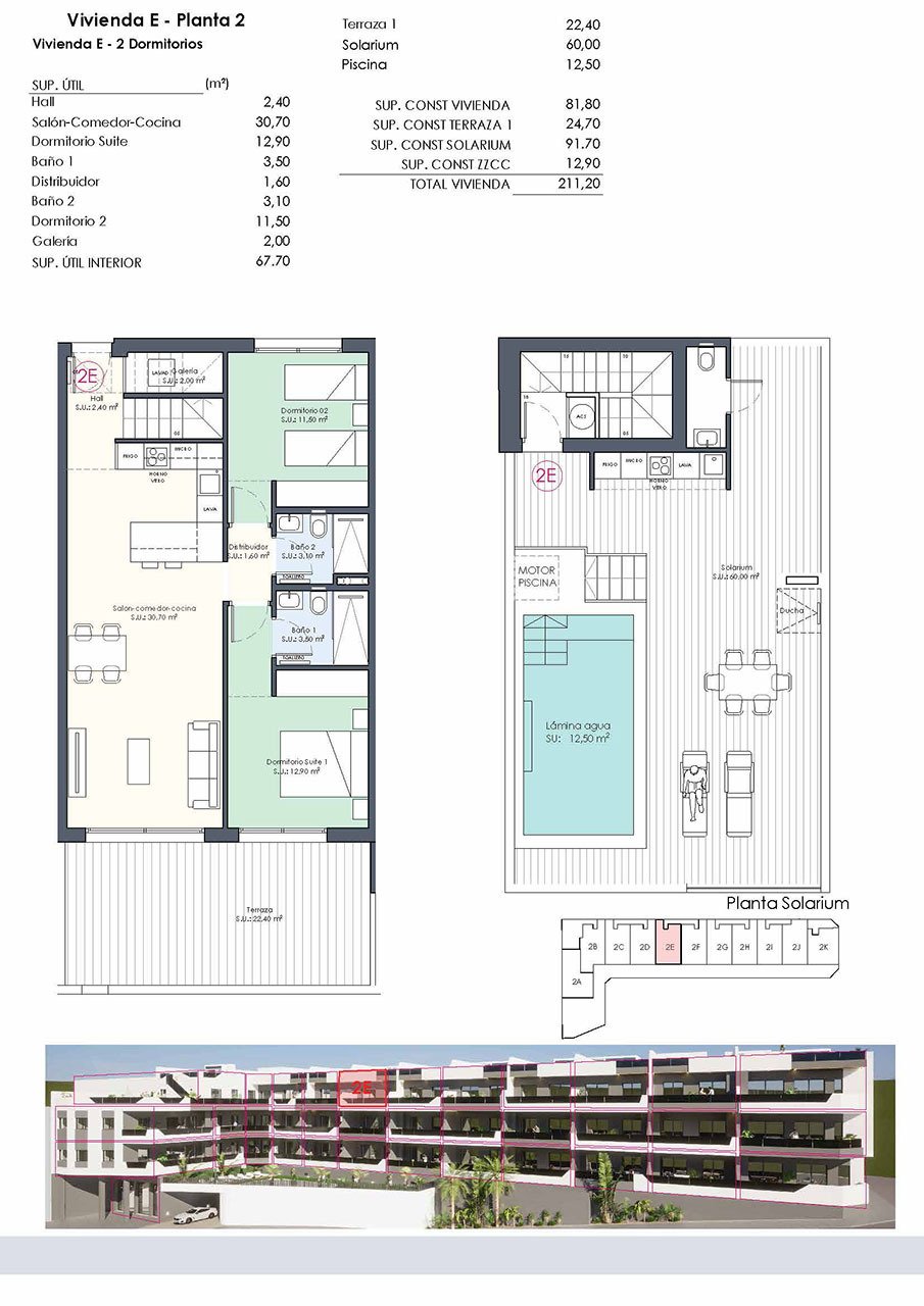 Áticos de 2 dormitorios y 2 baños con solario, aseo, piscina privada y cocina amueblada con electrodomésticos