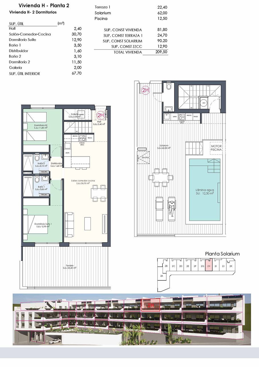 Áticos de 2 dormitorios y 2 baños con solario, aseo, piscina privada y cocina amueblada con electrodomésticos