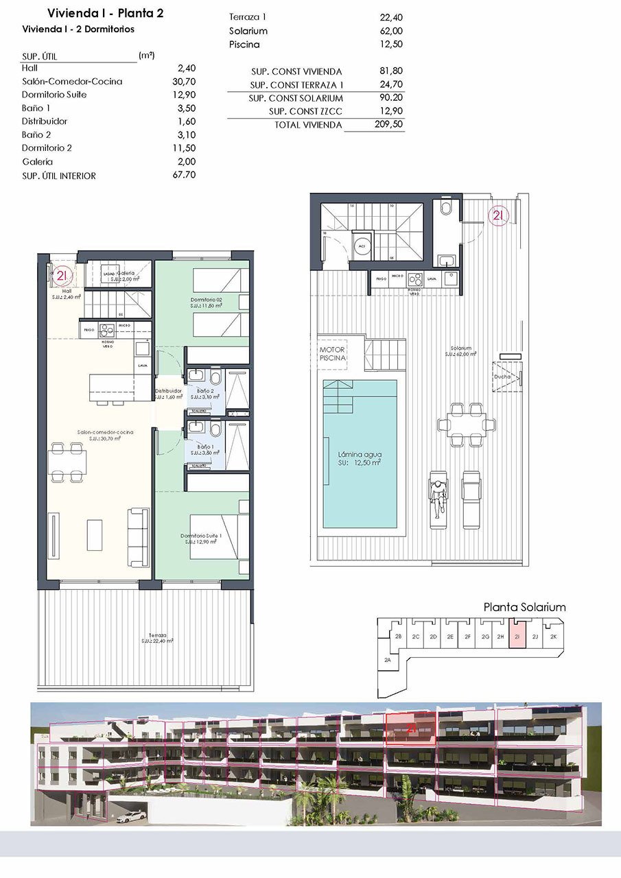 Áticos de 2 dormitorios y 2 baños con solario, aseo, piscina privada y cocina amueblada con electrodomésticos