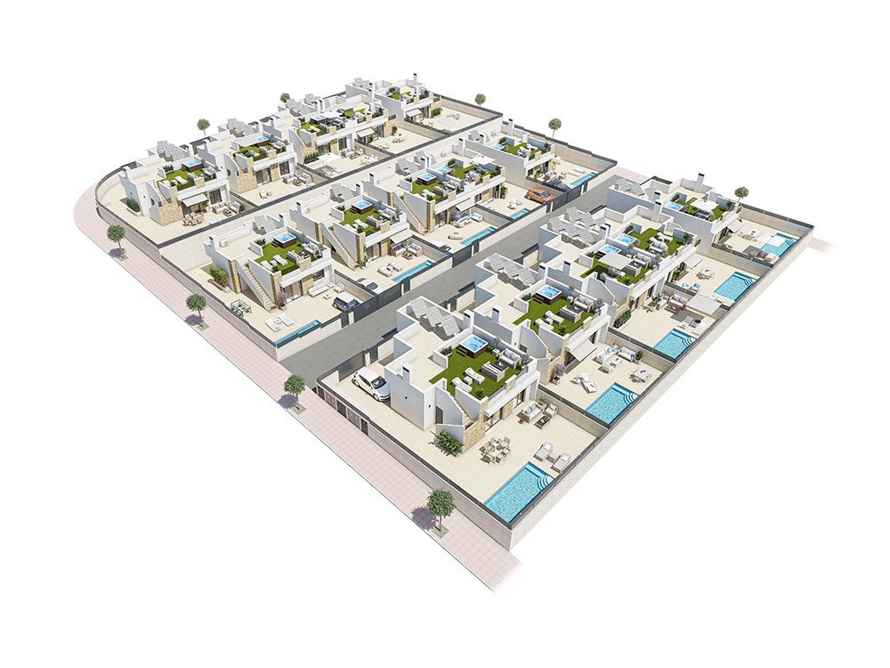 Villas de 3 dormitorios y 2 baños con solario, aire acondicionado, piscina privada y parking privado