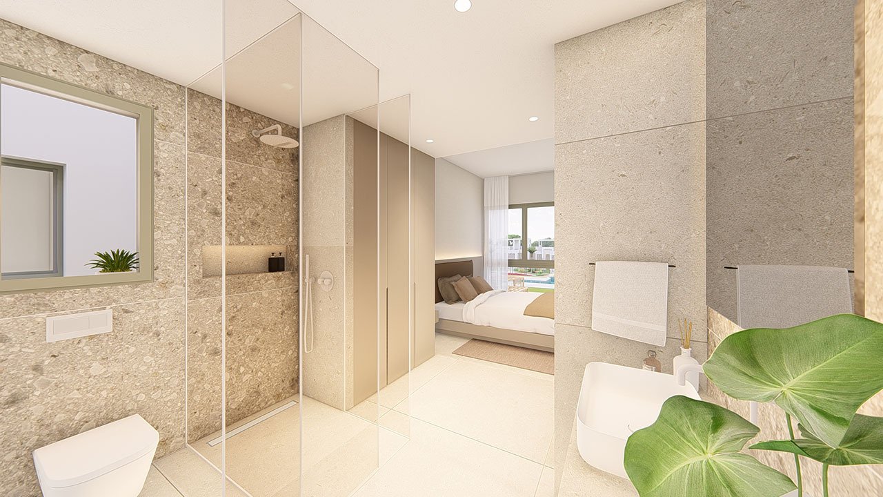 Bungalows bajos de 3 dormitorios y 2 baños con aire aconditionado, parking privado y piscina comunitaria