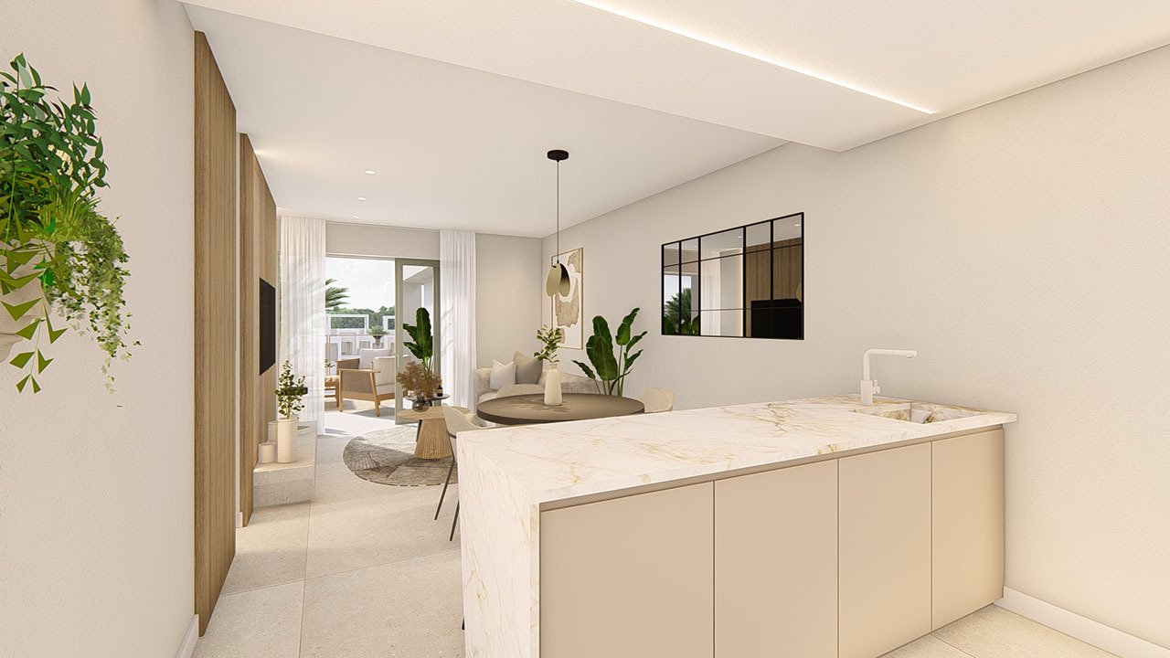 Bungalows bajos de 3 dormitorios y 2 baños con aire aconditionado, parking privado y piscina comunitaria