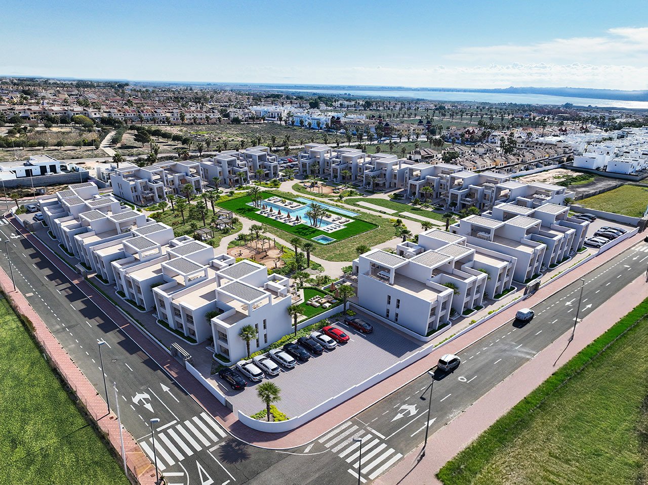 Bungalows bajos de 3 dormitorios y 2 baños con aire aconditionado, parking privado y piscina comunitaria