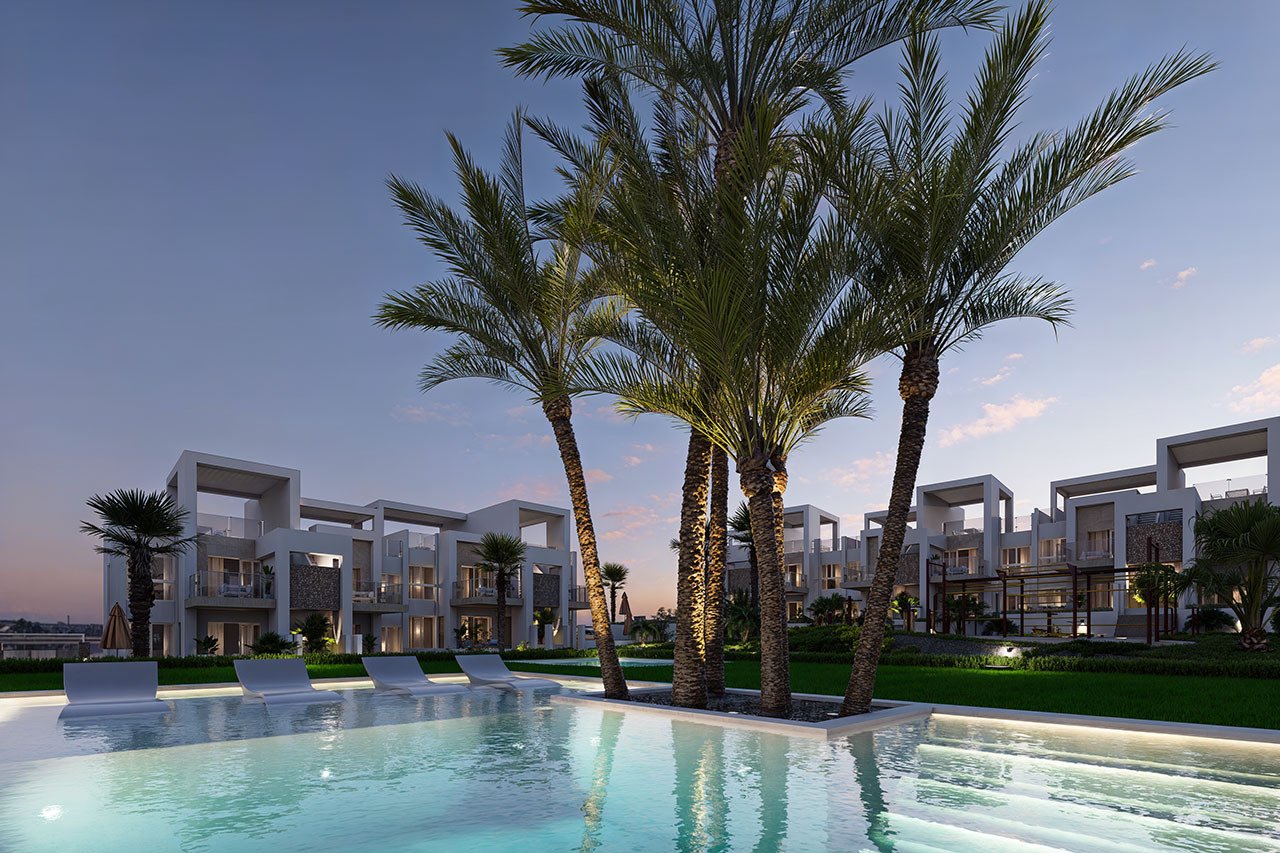 Bungalows bajos de 3 dormitorios y 2 baños con aire aconditionado, parking privado y piscina comunitaria