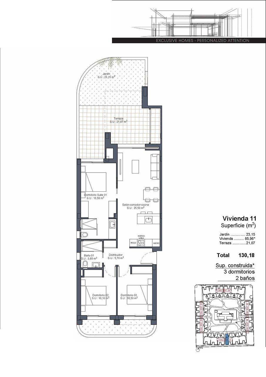 Bungalows bajos de 3 dormitorios y 2 baños con aire aconditionado, parking privado y piscina comunitaria