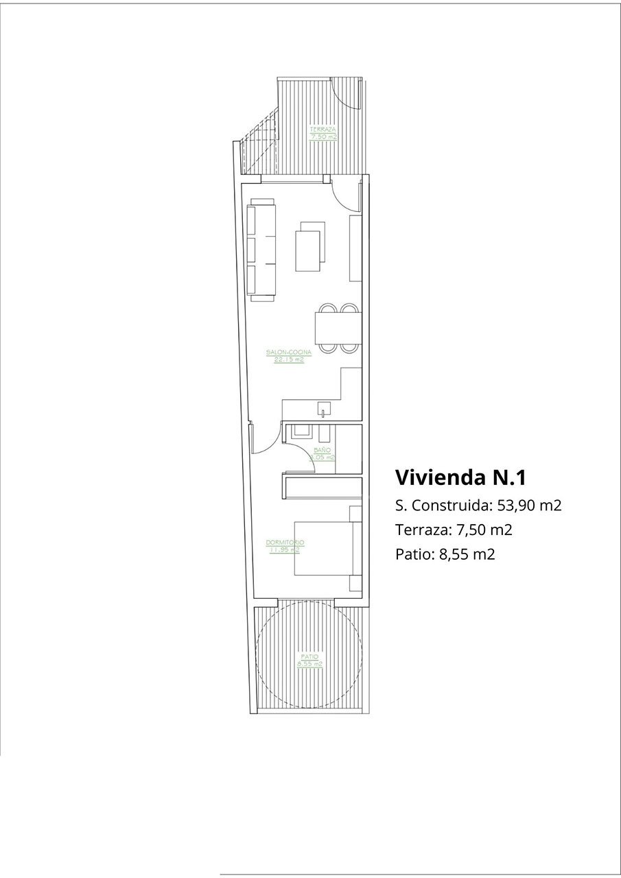 Bungalows bajos de 1 dormitorio y 1 baño con piscina comunitaria