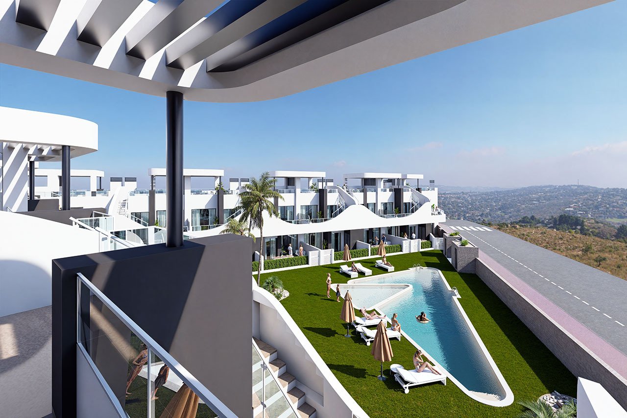 Bungalows bajos de 3 dormitorios y 2 baños con parking privado y piscina comunitaria