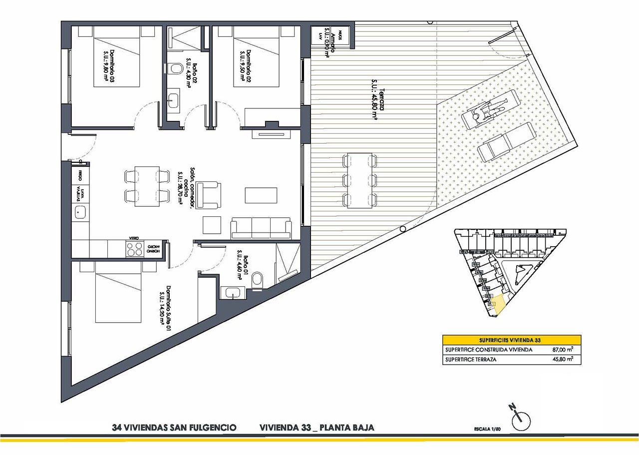 Bungalows bajos de 3 dormitorios y 2 baños con parking privado y piscina comunitaria