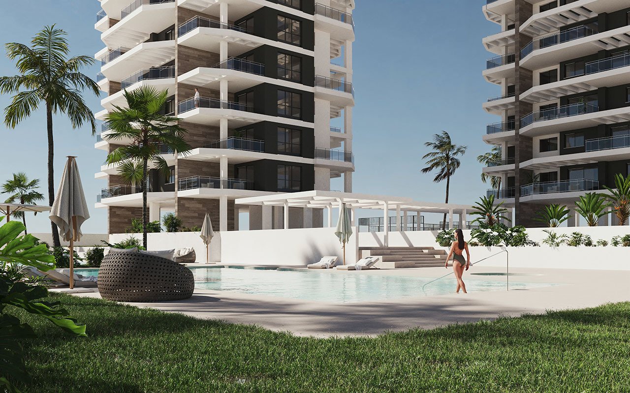 Appartements avec 3 chambres à coucher, espace de stationnement privé, piscine communautaire et vue sur la mer à seulement 200 m de la plage