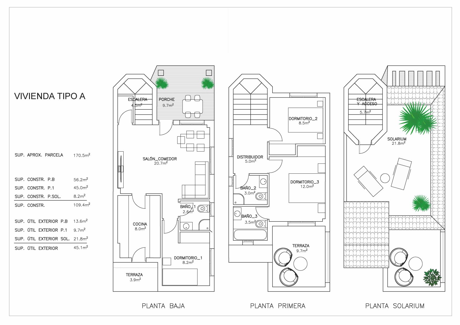Villas individuelles avec 3 chambres à coucher, 3 salles de bains, terrasse sur le toit, parking privé et piscine communautaire