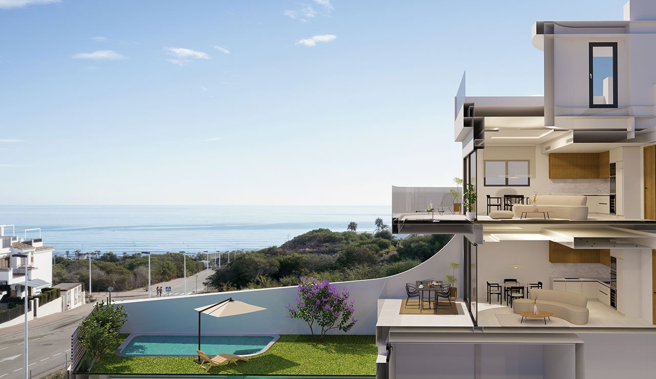 Appartements de 2 chambres au rez-de-chaussée avec piscine communautaire à seulement 300 m de la mer