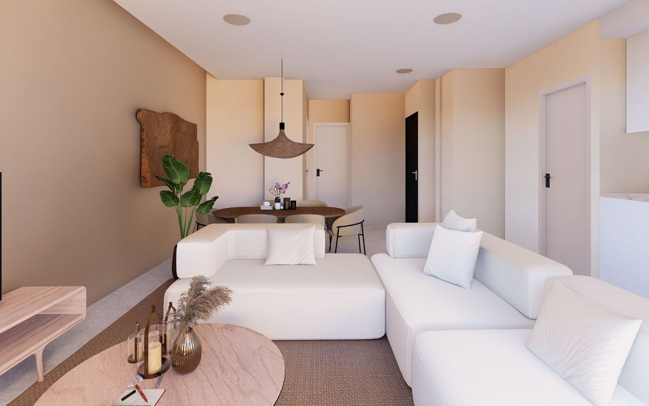 Appartements avec 2 chambres, 2 salles de bains, climatisation, vue sur la mer et piscine commune à seulement 200 m de la plage