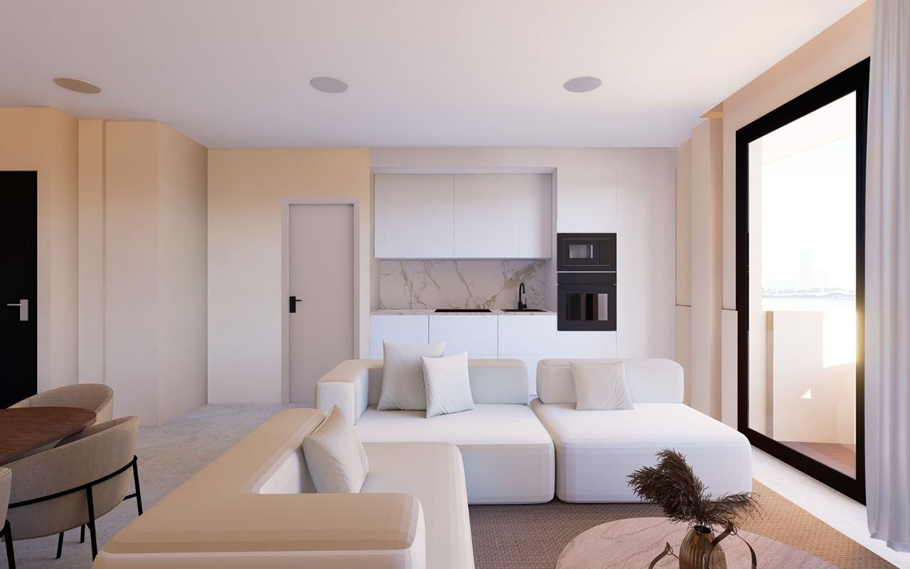 Appartements avec 2 chambres, 2 salles de bains, climatisation, vue sur la mer et piscine commune à seulement 200 m de la plage