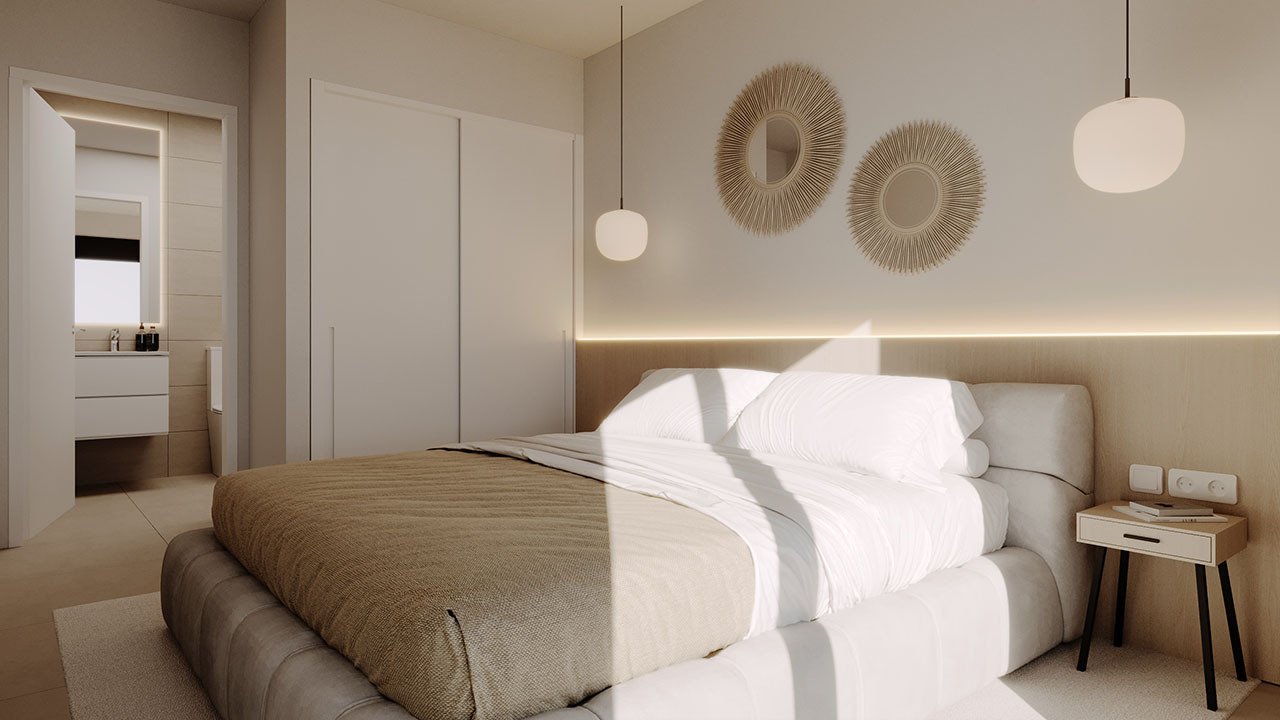 Appartements avec 2 chambres, 2 salles de bains, climatisation, place de parking souterrain et piscine commune