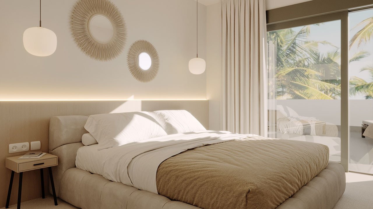 Appartements avec 2 chambres, 2 salles de bains, climatisation, place de parking souterrain et piscine commune