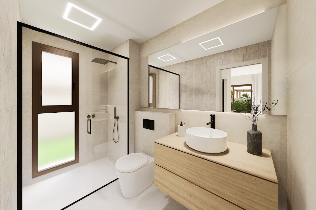 Appartements en rez-de-chaussée avec 3 chambres, 2 salles de bains, un parking privé et une piscine commune à proximité du Serena Golf