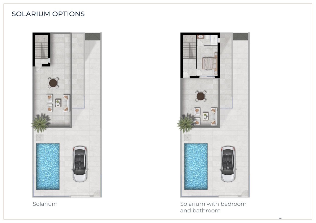 Villas avec 3 chambres, 3 salles de bains, climatisation pré-installée, cuisines équipées avec produits blancs, parking privé et piscine privée