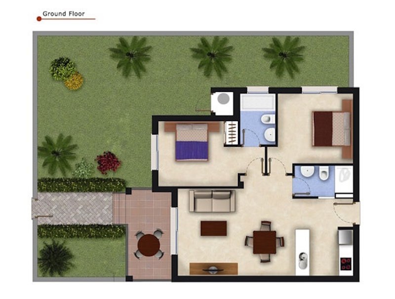 Appartement au rez-de-chaussée comprenant 2 chambres, 2 salles de bains, une grande terrasse et une piscine commune