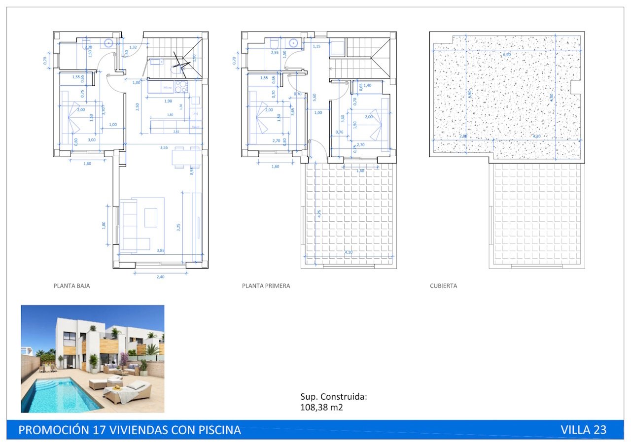Villas jumelées exclusives avec 3 chambres, 2 salles de bains, W.C., terrasse sur le toit, climatisation, piscine privée et parking privé
