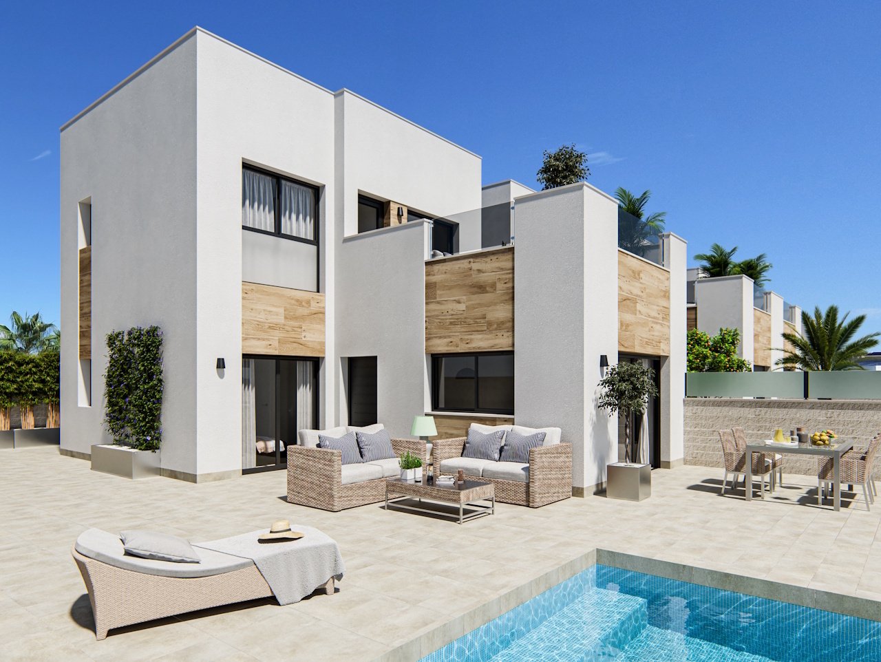 Villas jumelées exclusives avec 3 chambres, 2 salles de bains, W.C., terrasse sur le toit, climatisation, piscine privée et parking privé