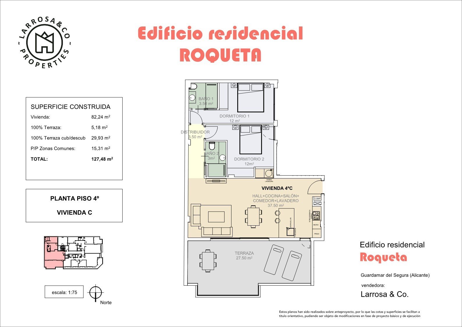 Penthouse avec 2 chambres, 2 salles de bains, terrasse sur le toit et place de parking souterrain, à seulement 700 m de la plage