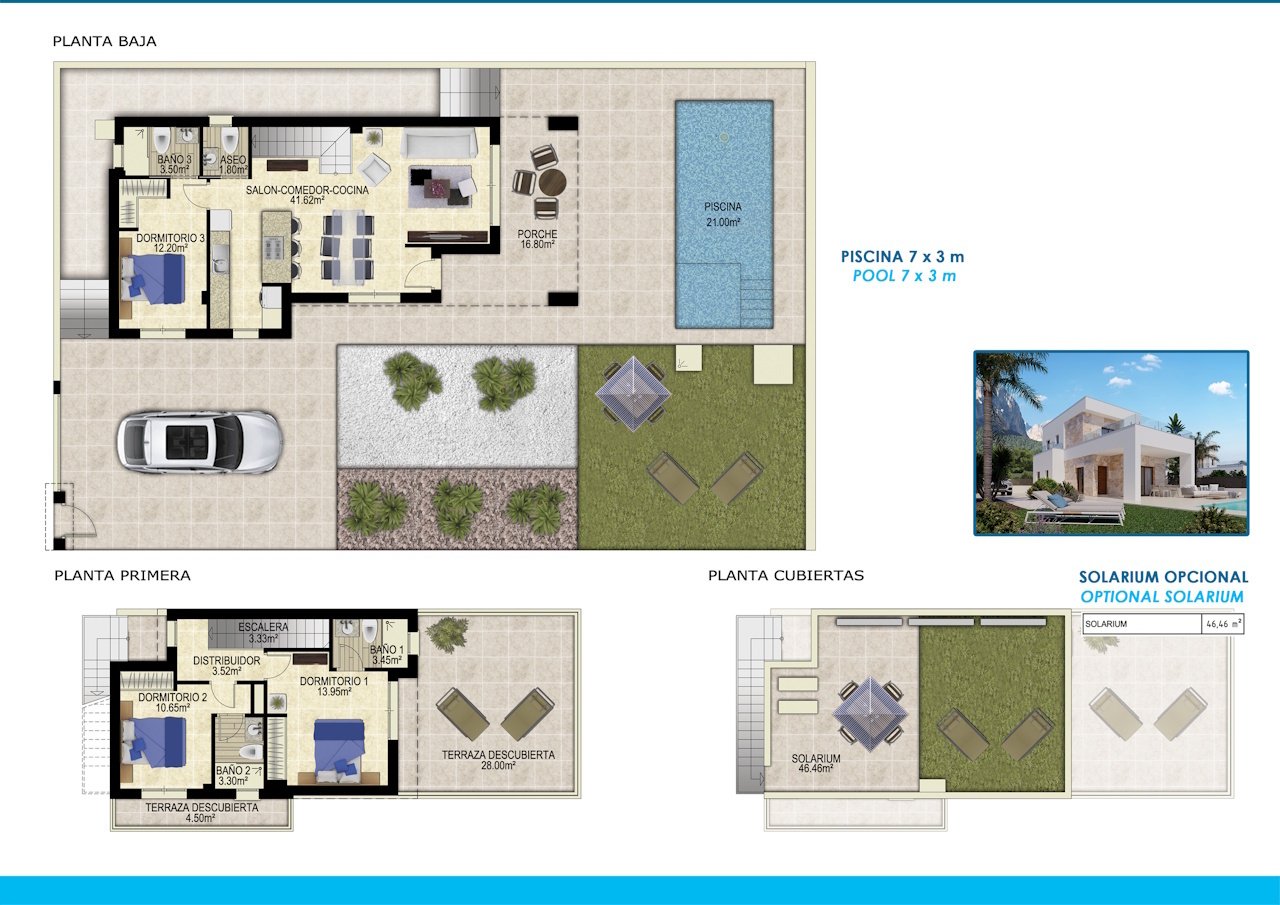 Villas à deux étages comprenant 3 chambres, 3 salles de bains, W.C., une cuisine équipée avec électroménager, une piscine privée et une vue sur la mer
