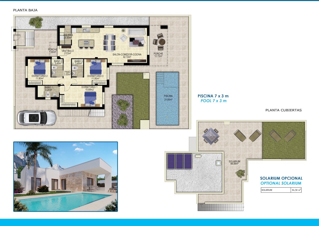 Villas de plain-pied comprenant 3 chambres, 3 salles de bains, une cuisine équipée avec électroménager, une piscine privée et une vue sur la mer