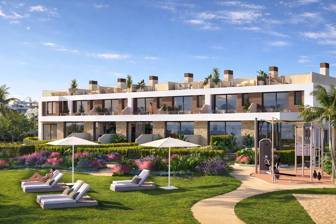 Reihenhäuser mit 3 Schlafzimmern, 2 Bädern, Gäste-WC, Dachterrasse, Meerblick und Gemeinschaftspool in exkusiver Anlage direkt am Meer