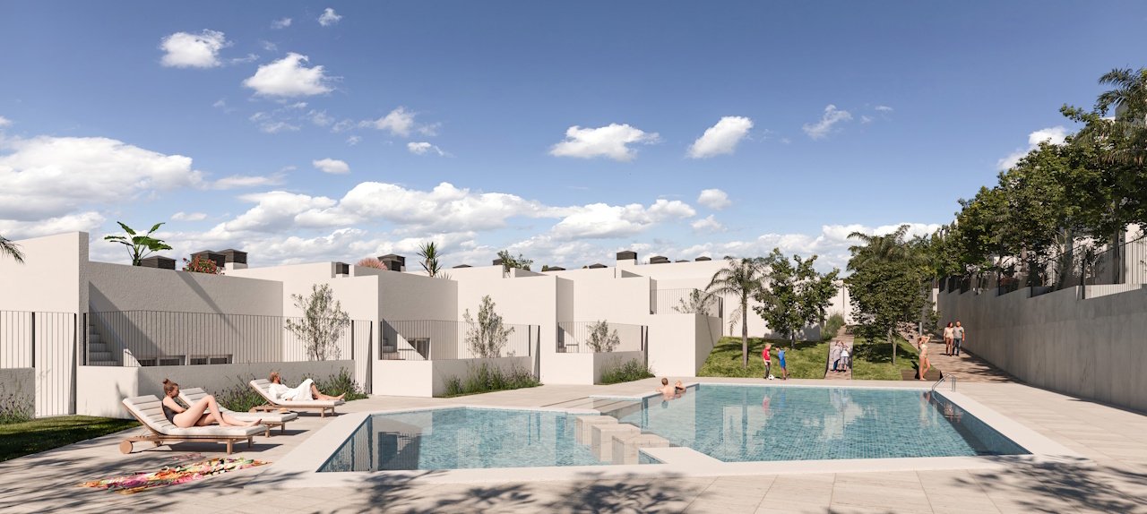 Beaux maisons mitoyennes de 3 chambres et 3 salles de bains avec cave, toit-terrasse, place de parking et piscine communautaire au golf d'Alenda