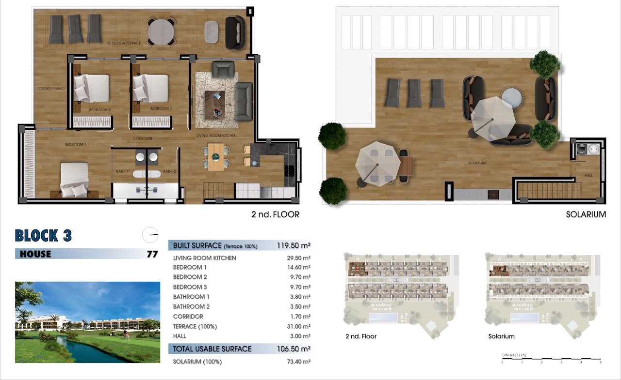 Penthouses comprenant 3 chambres, 2 salles de bains, une place de parking souterrain et une piscine commune sur le parcours de golf de La Serena