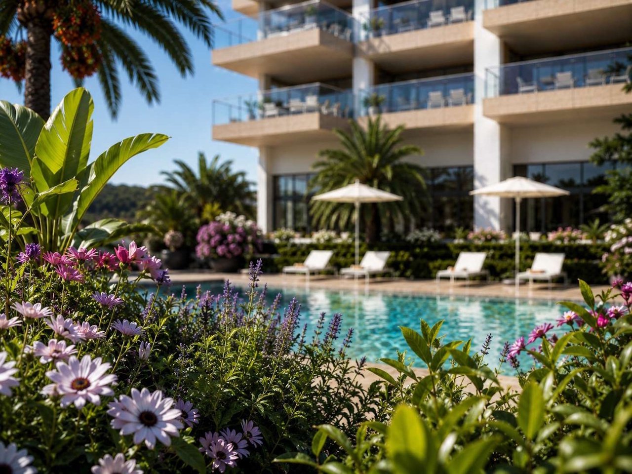 Appartements avec 2 chambres, climatisation, chauffage au sol dans les salles de bain, parking privé et piscine commune à seulement 650 m de la plage