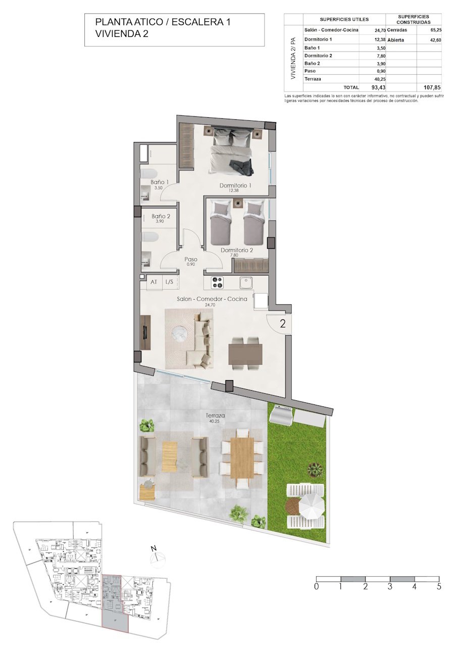 Penthouses avec 2 chambres, grande terrasse, préinstallation de climatisation et piscine communautaire à seulement 1 km de la plage