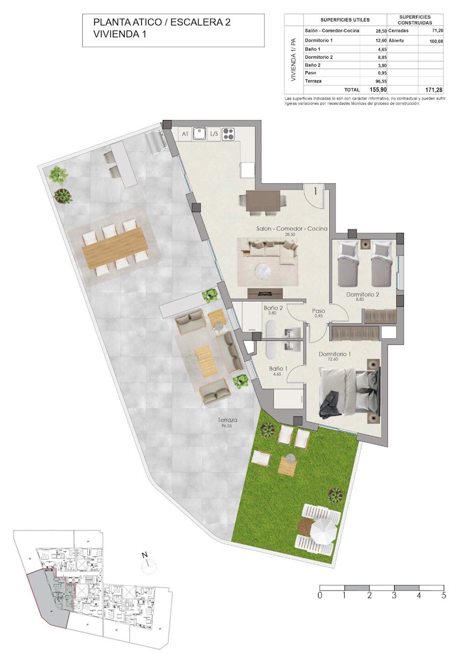 Penthouses avec 2 chambres, grande terrasse, préinstallation de climatisation et piscine communautaire à seulement 1 km de la plage