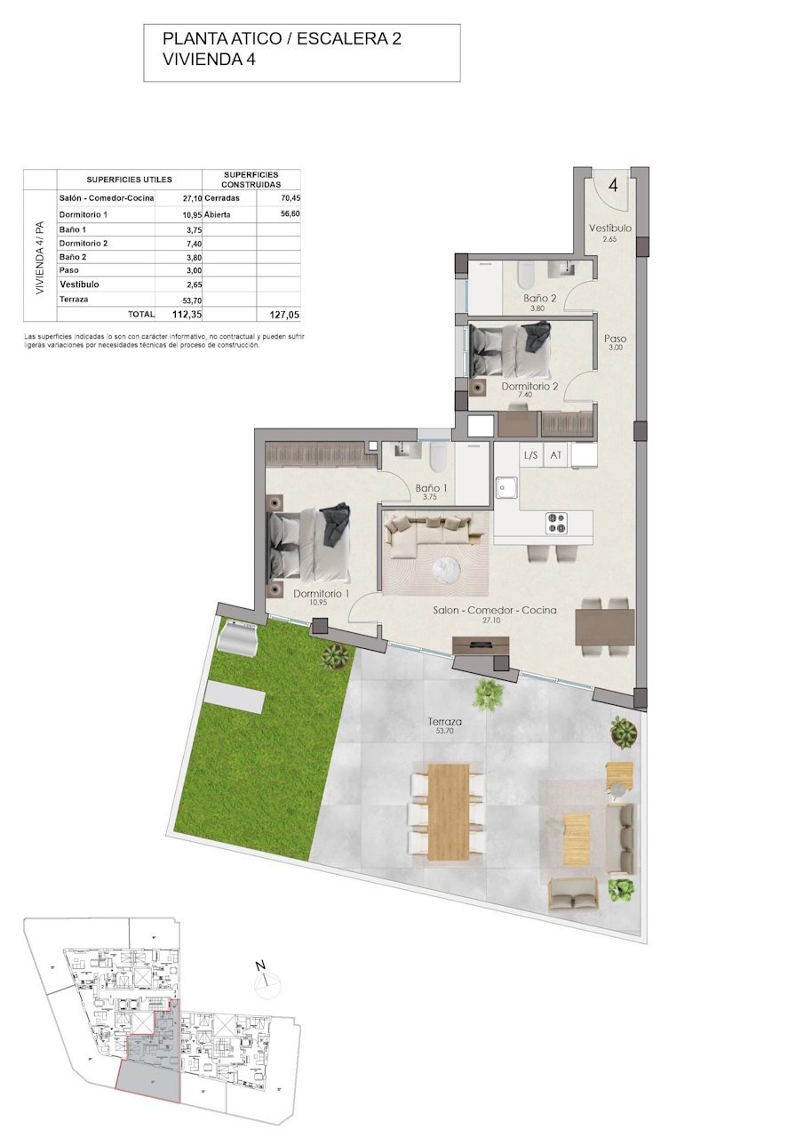 Penthouses avec 2 chambres, grande terrasse, préinstallation de climatisation et piscine communautaire à seulement 1 km de la plage