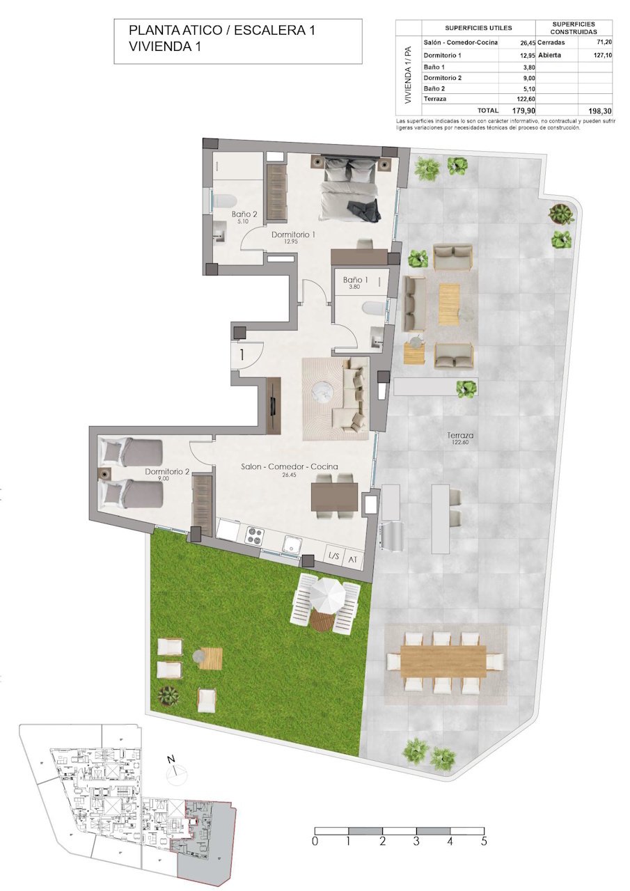Penthouses avec 2 chambres, grande terrasse, préinstallation de climatisation et piscine communautaire à seulement 1 km de la plage