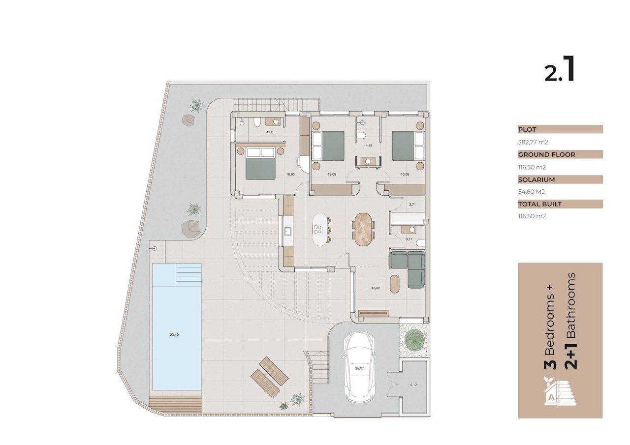 Villas de plain-pied avec 3 chambres, piscine privée et place de parking au sein du complexe La Finca Resort