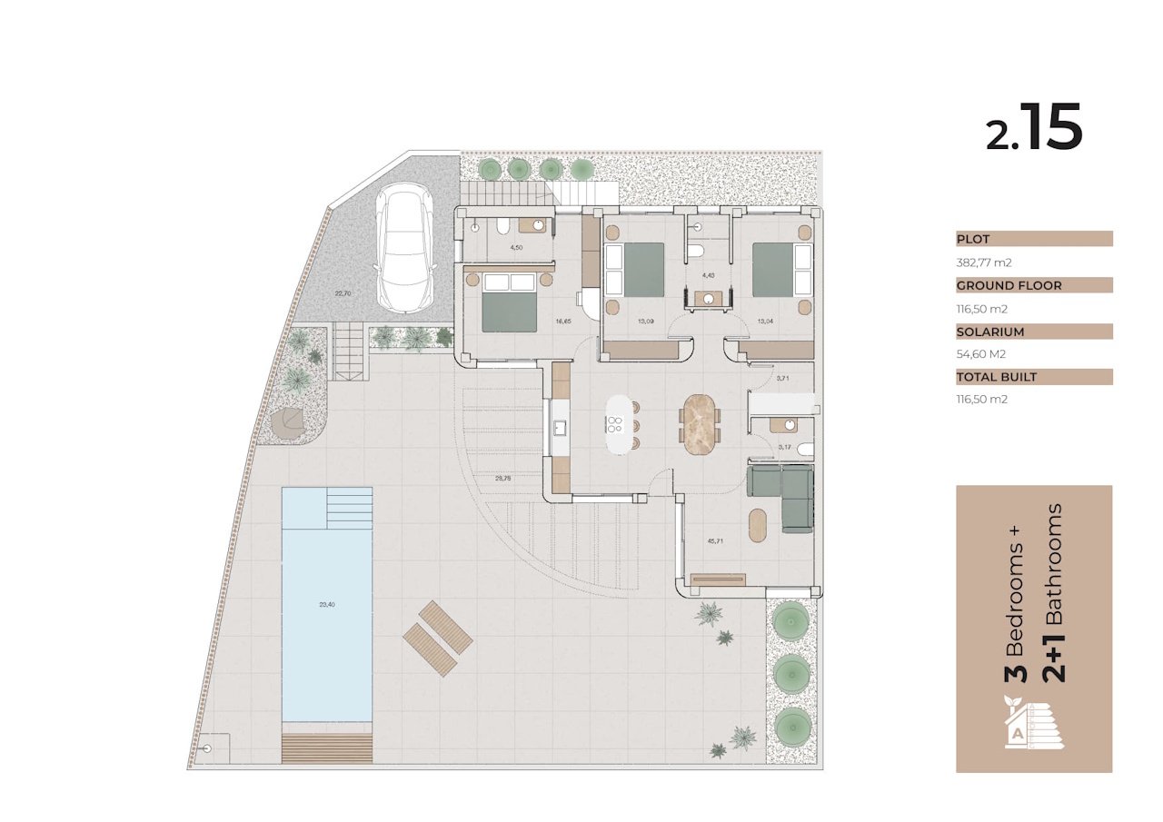 Villas de plain-pied avec 3 chambres, piscine privée et place de parking au sein du complexe La Finca Resort