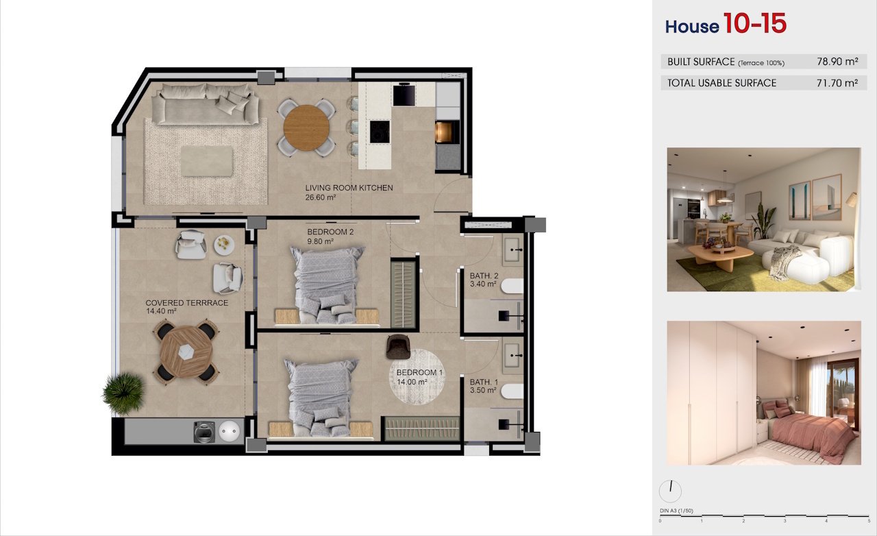 Appartements comprenant 2 chambres, 2 salles de bains, une place de parking souterrain et une piscine commune