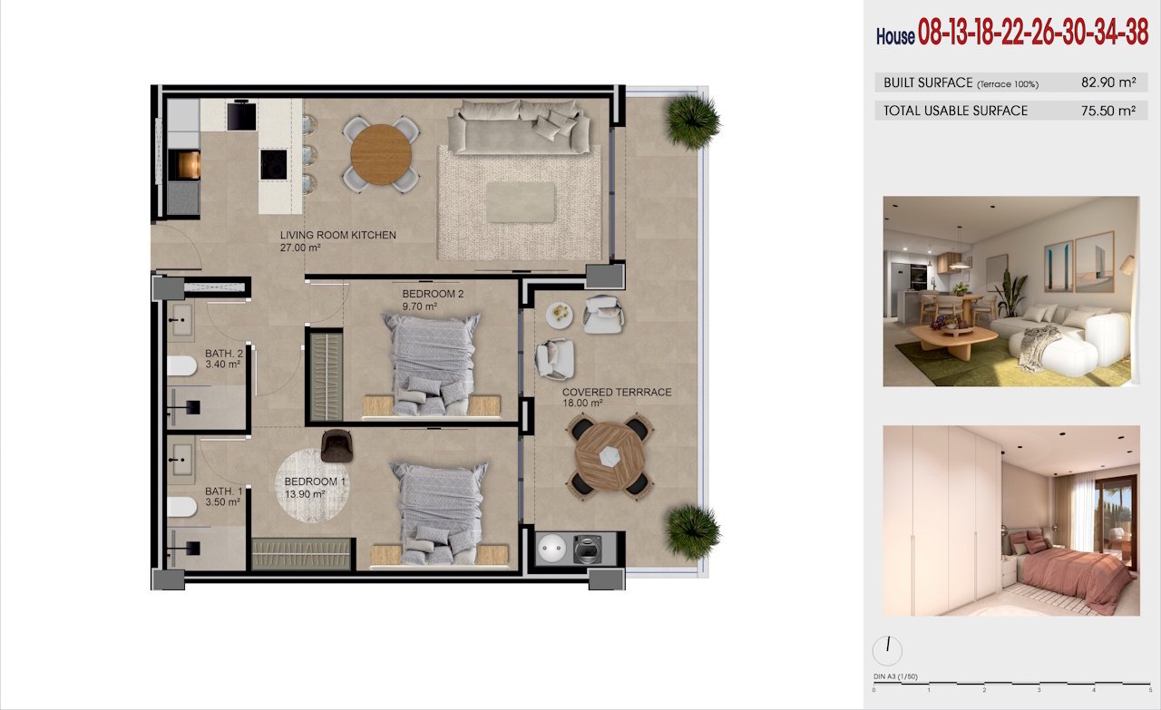 Appartements comprenant 2 chambres, 2 salles de bains, une place de parking souterrain et une piscine commune