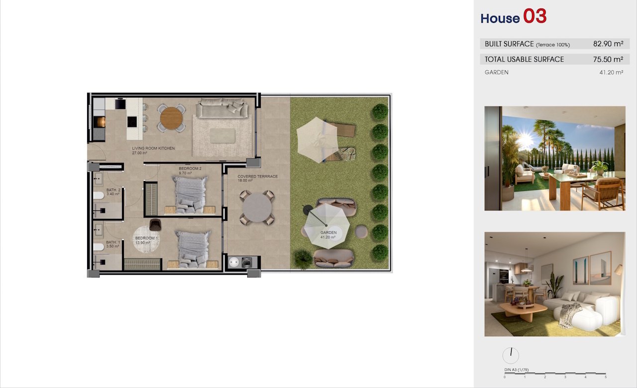 Appartements comprenant 2 chambres, 2 salles de bains, une place de parking souterrain et une piscine commune