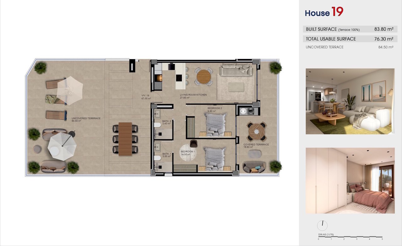 Penthouses comprenant 2 chambres, 2 salles de bains, une place de parking souterrain et une piscine commune