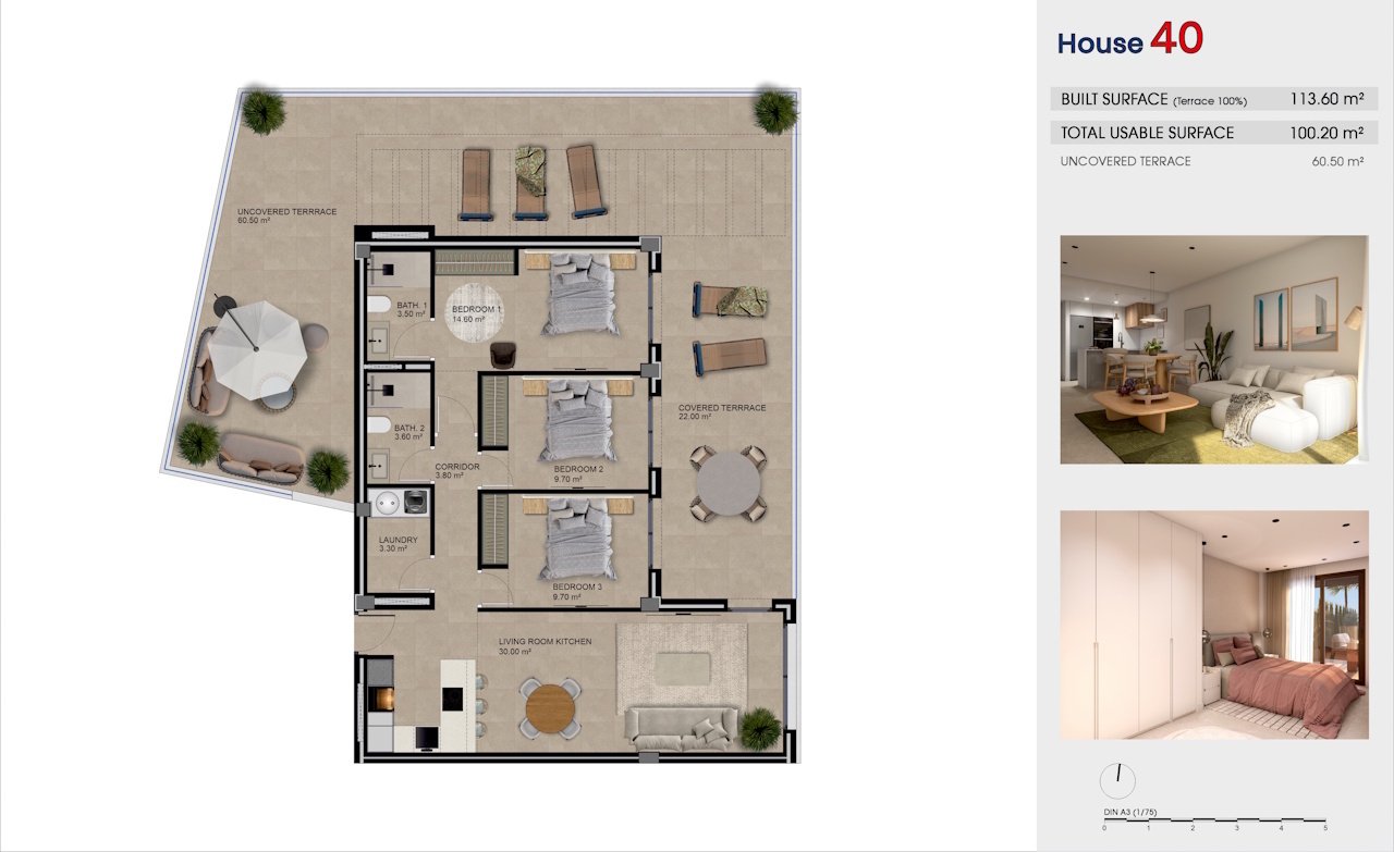 Penthouses comprenant 3 chambres, 2 salles de bains, une place de parking souterrain et une piscine commune