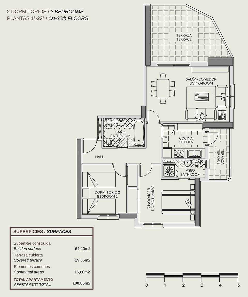 Appartements meublés avec 2 chambres à coucher, 2 salles de bains, piscine communautaire et vue sur la mer à seulement 500 m de la plage