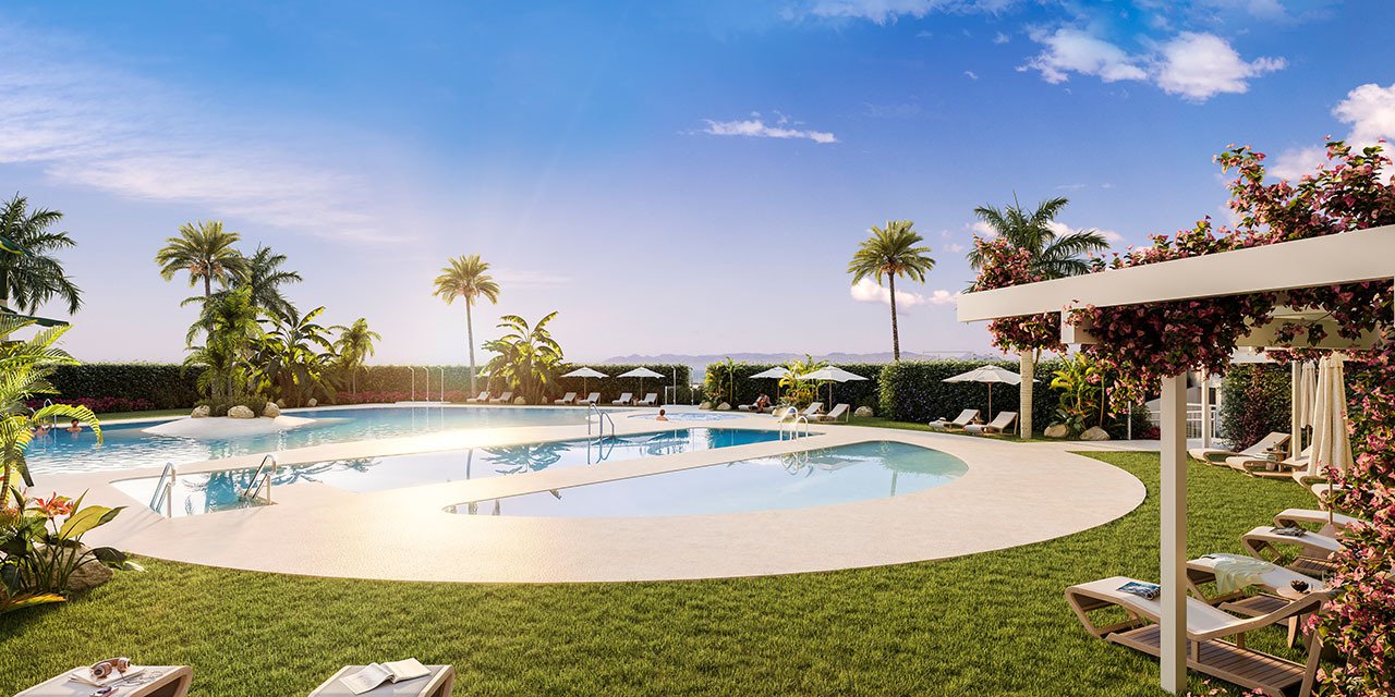 Appartements avec 3 chambres, climatisation, chauffage au sol dans les salles de bain, parking privé et piscine commune à seulement 300 m de la plage