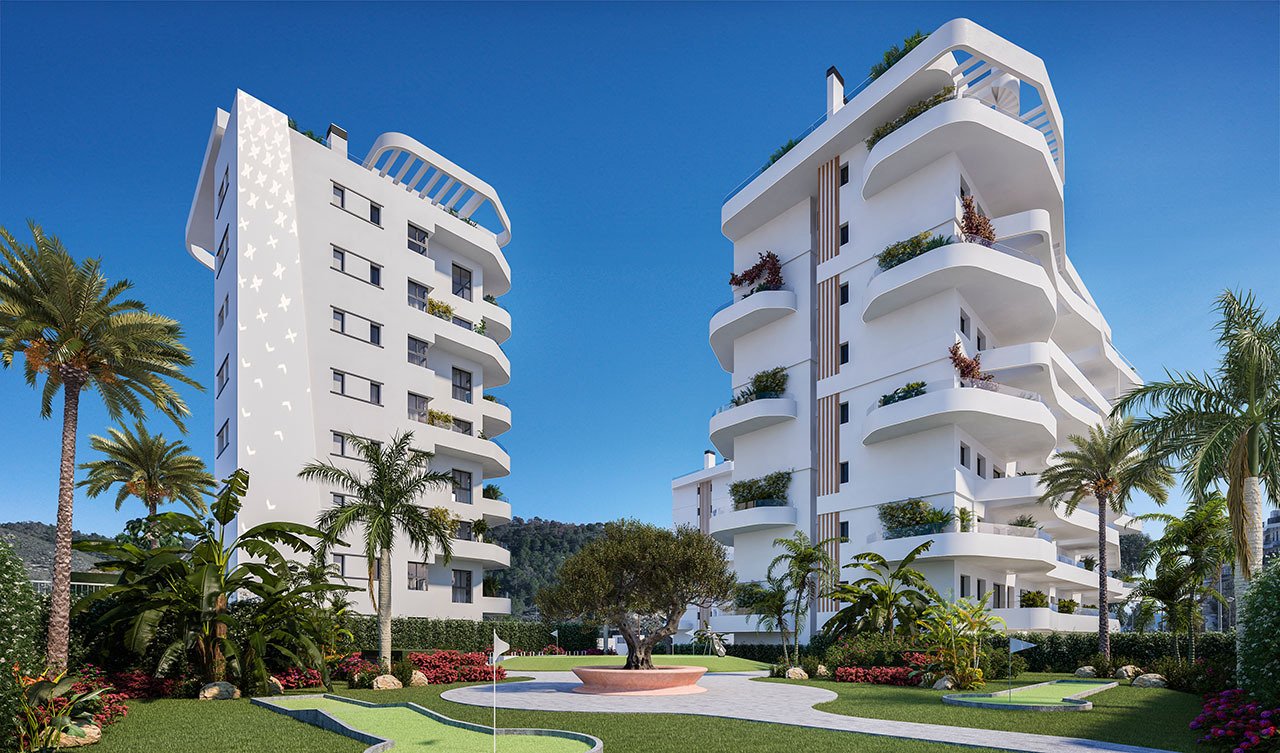 Appartements avec 3 chambres, climatisation, chauffage au sol dans les salles de bain, parking privé et piscine commune à seulement 300 m de la plage