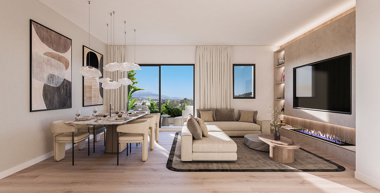 Appartements avec 3 chambres, climatisation, chauffage au sol dans les salles de bain, parking privé et piscine commune à seulement 300 m de la plage